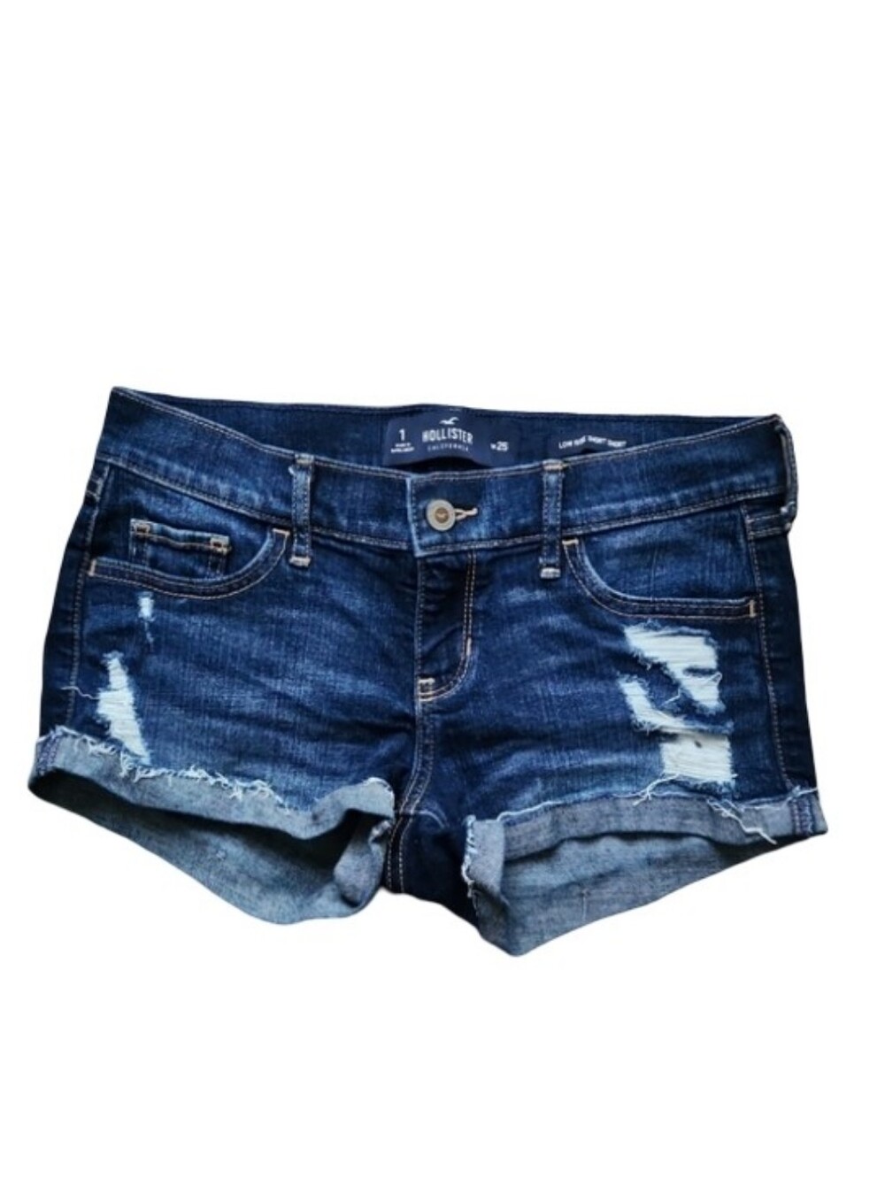 Hollister Distressed Blue Denim Shorts Low Rise Rolled Cutoff Stretch Size 1 W25